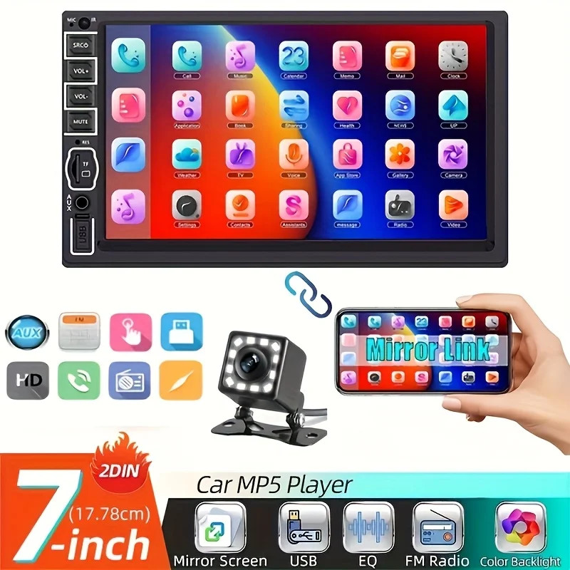 MP5 Car Player 2 Din 7 Inch Touch Screen Car Stereo Bluetooth + Backup Camera_