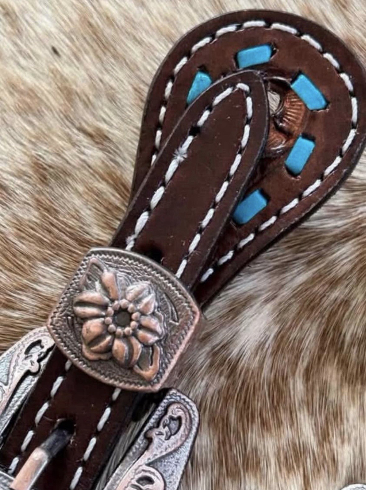 Ladies Size Pair Leather Teal Buckstitch Western Spur Straps
