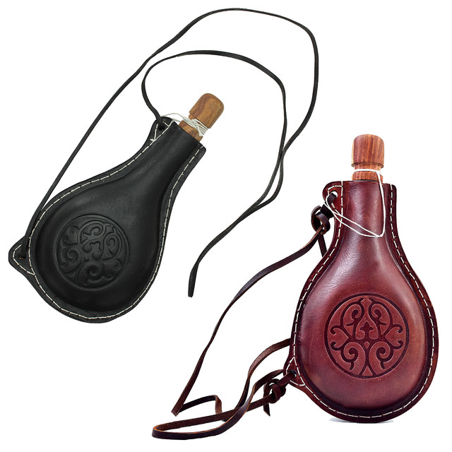 Teardrop Leather Adventure Canteen with Celtic Emblem – 40oz Historical Prop