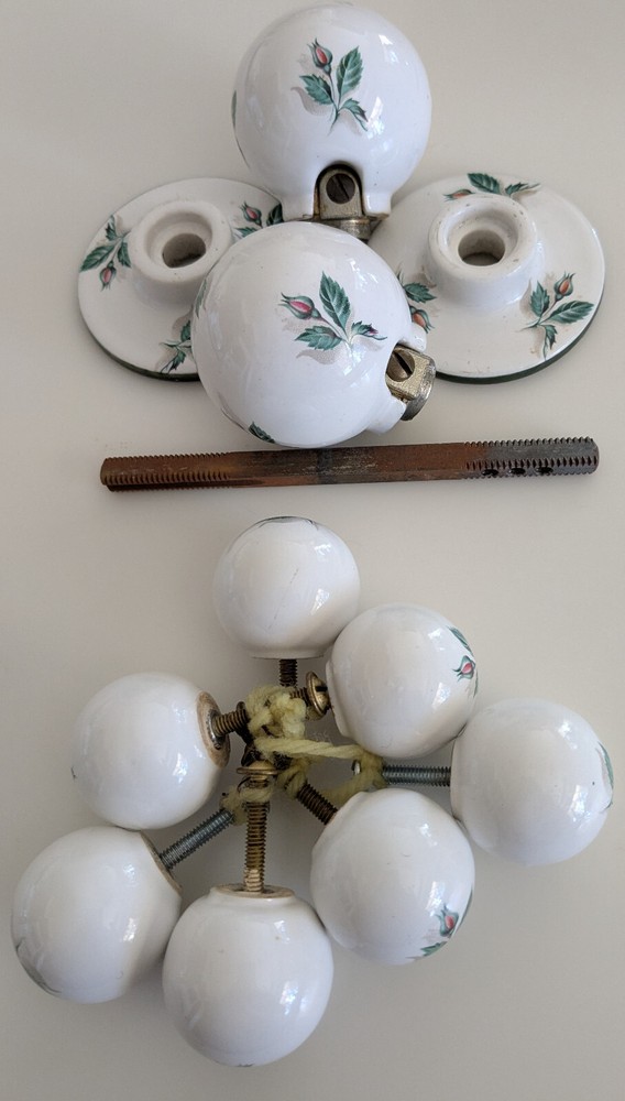 VNTG LOT Porcelain Rosebud Door Knobs 2ea w/backplates +7ea matched drawer knobs