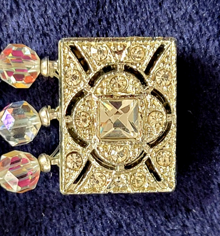 Vtg Aurora Borealis Bracelet Art Deco Rhinestone Clasp 3 Strand