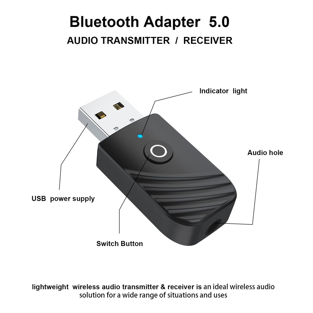 Wireless USB Bluetooth 5.0 Audio Transmitter Receiver AUX Adapter For PC TV Car