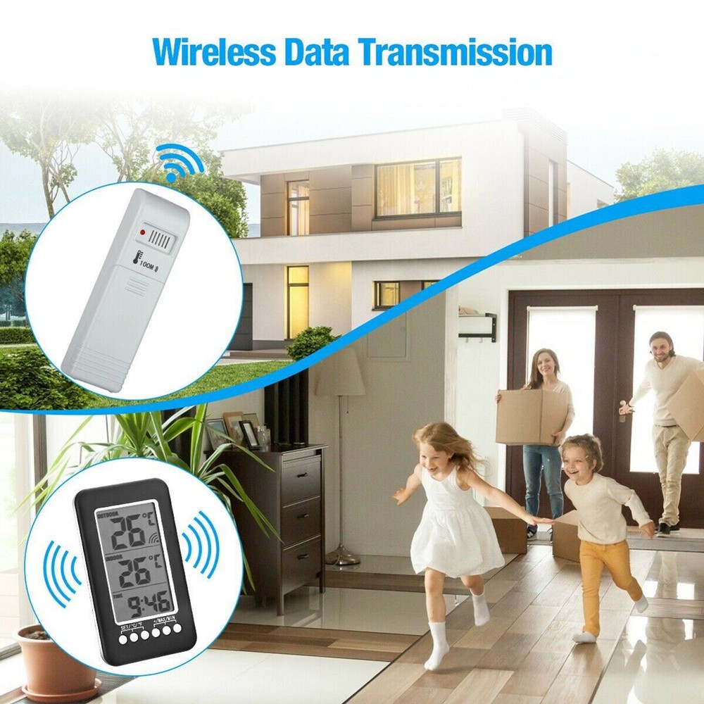 LCD Digital Thermometer Clock Indoor/Outdoor ℃/℉ Wireless Temperature Meter
