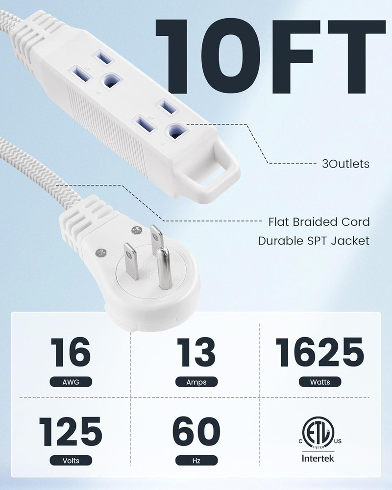 10FT 360° Rotating Flat Plug Extension Cord Flat Wall Plug with 3 Outlets, Braid