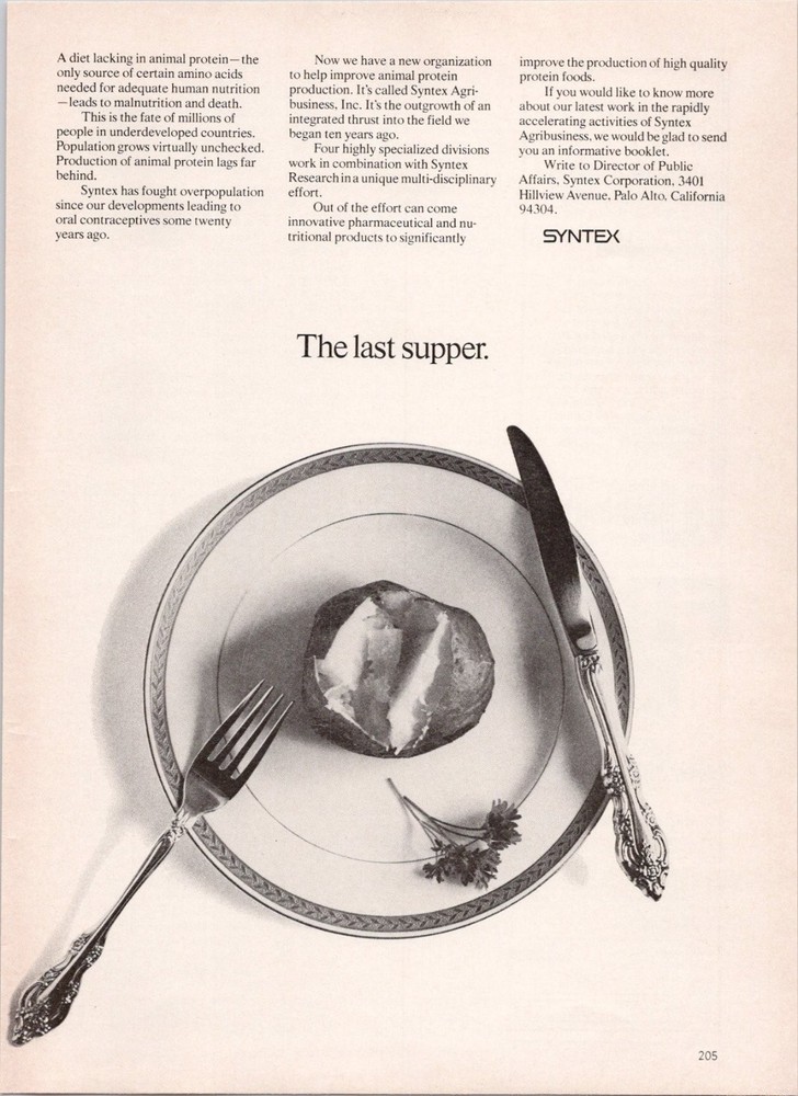 Syntex "The Last Supper" Potato Vintage Print Ad 1974 Agribusiness