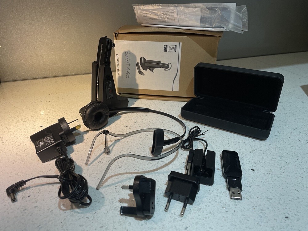 Plantronics Savi W445 Wireless Headset, USB D100A Dongle, Bluetooth, Two Battery