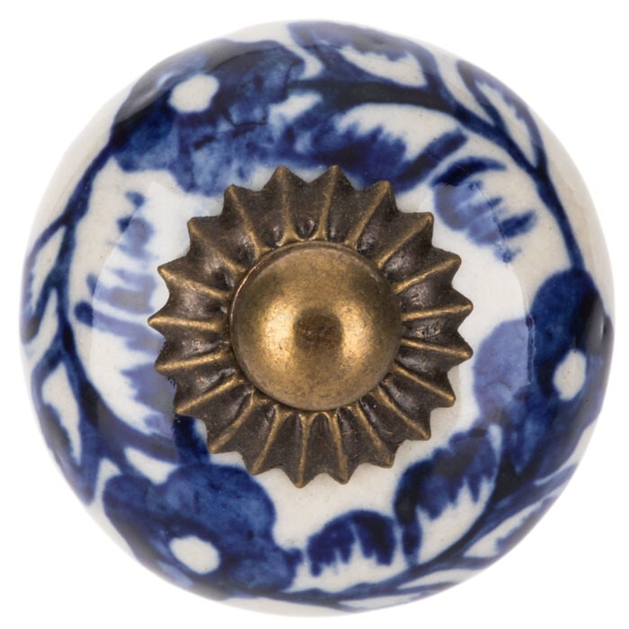 1 Antique Blue white Porcelain Ceramic Drawer Cabinet Knobs Pulls 1.25 brass end
