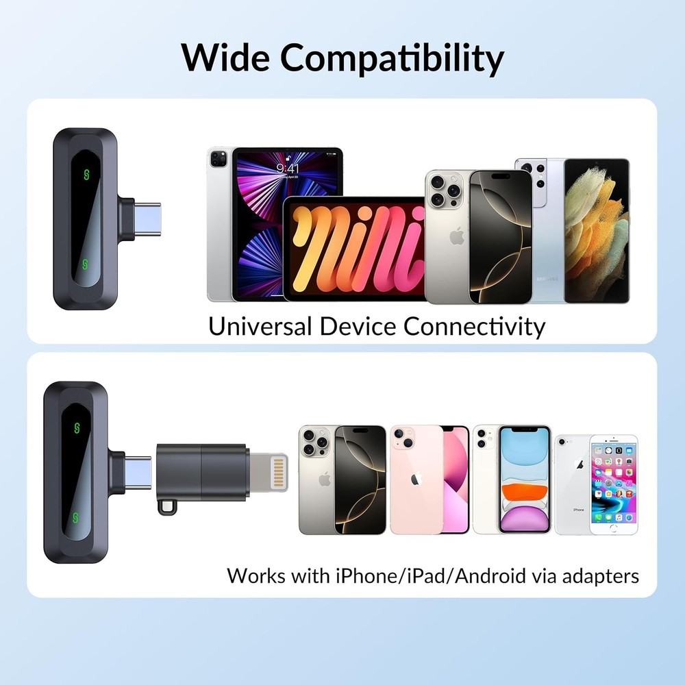 Wireless Mini Microphone for iPhone 15/16, iPad, Android, Wireless Lavalier Micr
