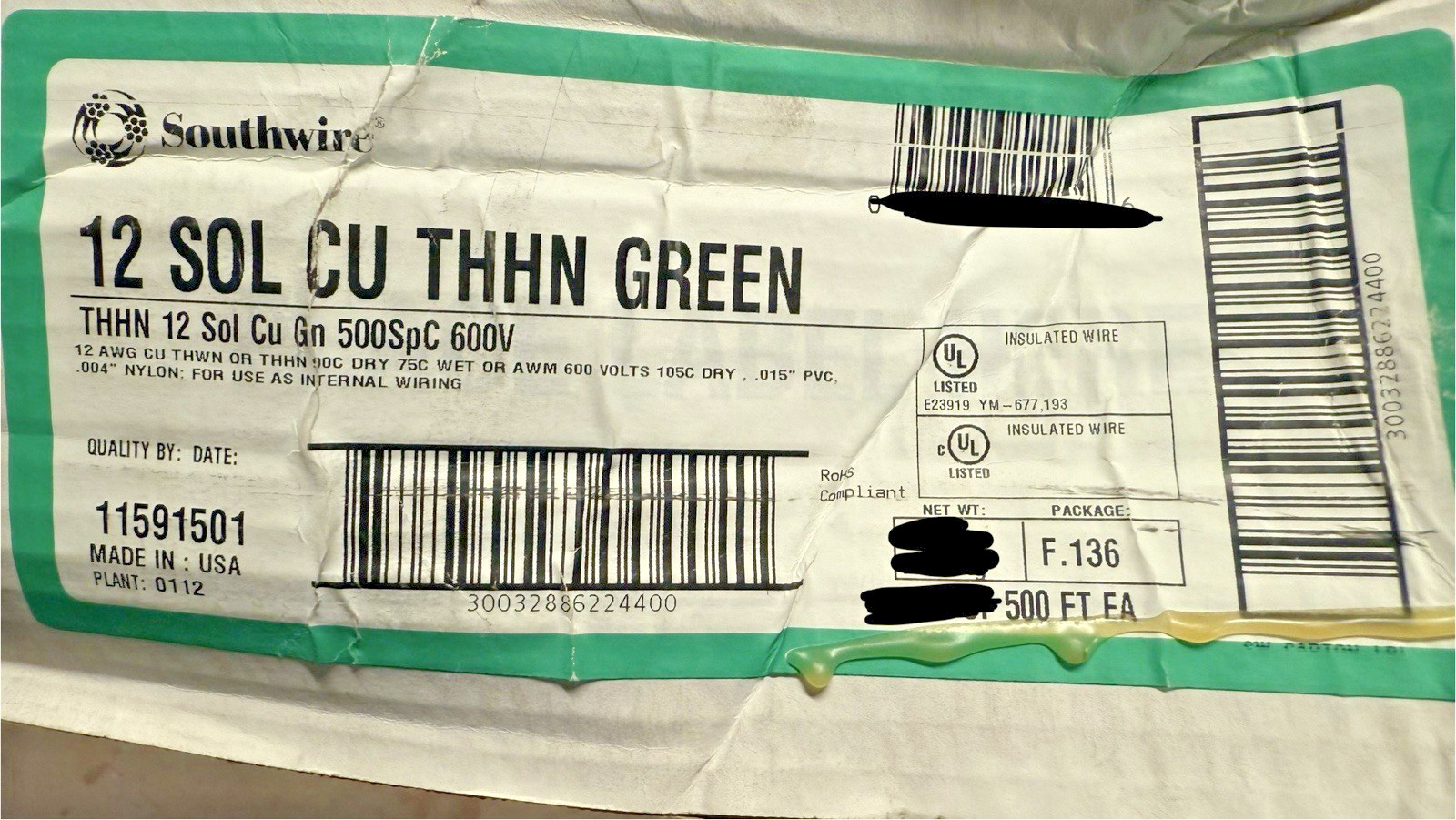NEW Southwire 11591501 THHN Building Wire Solid Cu, 12 AWG, Green, 500 ft.