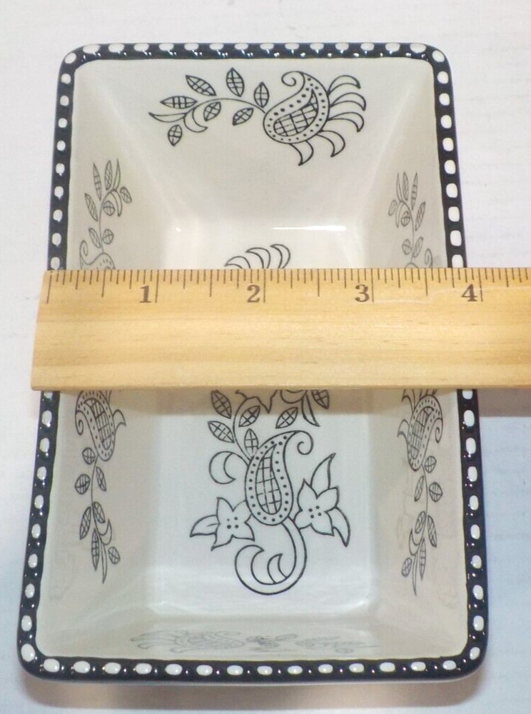 Lot 2 BAUM Small Rectangular LOAF Bakeware Dish Black White PAISLEY 6.5x4x3 *EUC