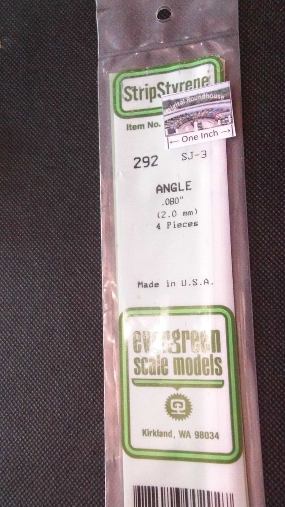 Evergreen Scale Models #292 Polystyrene Angle, .080", pkg. 4 - Details Below