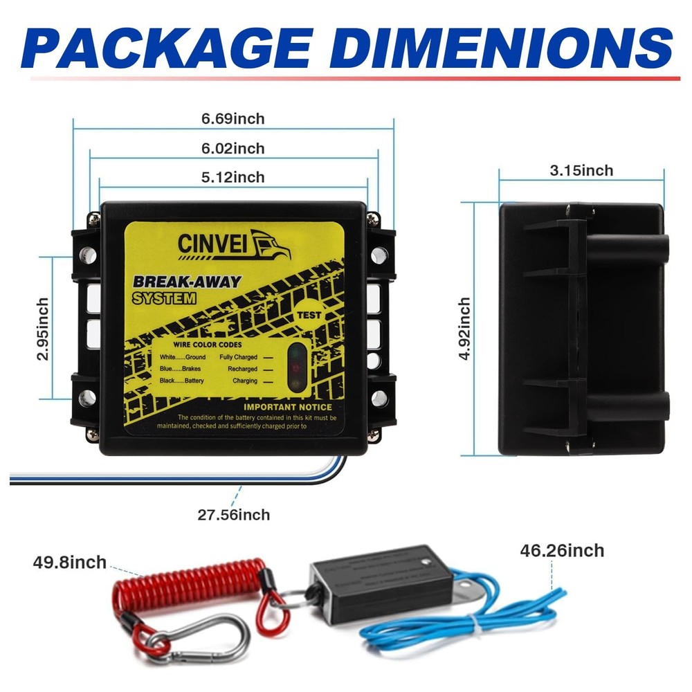 CINVEI Trailer Brakes Break-Away Kit Side Load Controller System with Switch LED