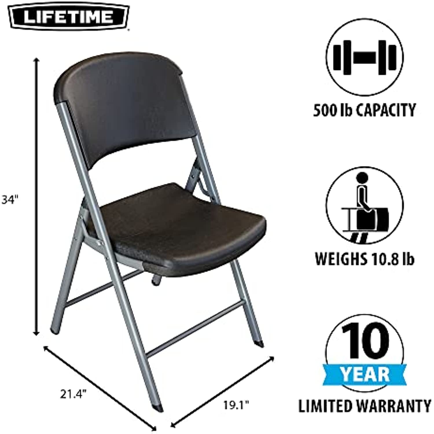 LIFETIME Commercial Grade Folding Chairs, 4 Pack,Plastic, Black/Silver