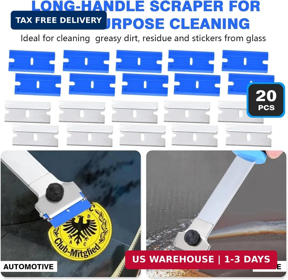 Razor Blade Scraper Tool with 20 Replacement Metal Plastic Blades Set Pro