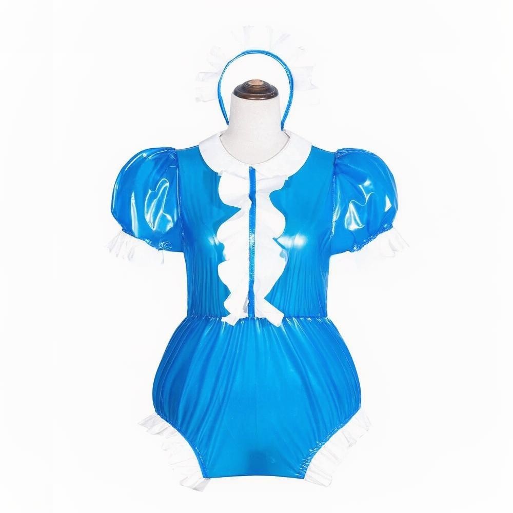 Adult baby Romper vinyl Maid Girl Blue Pvc Lockable Cosplay Costumes Tailor-made