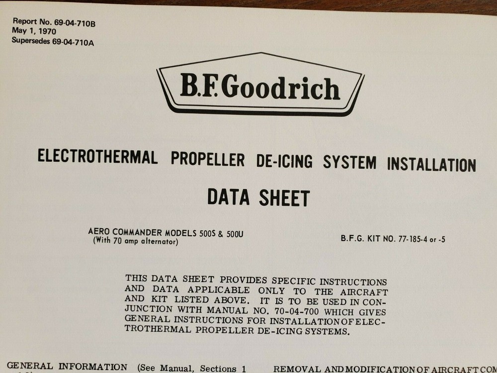 AERO COMMANDER MODELS 500S 500U BF GOODRICH PROPELLER DE-ICING SYSTEM DATA SHEET