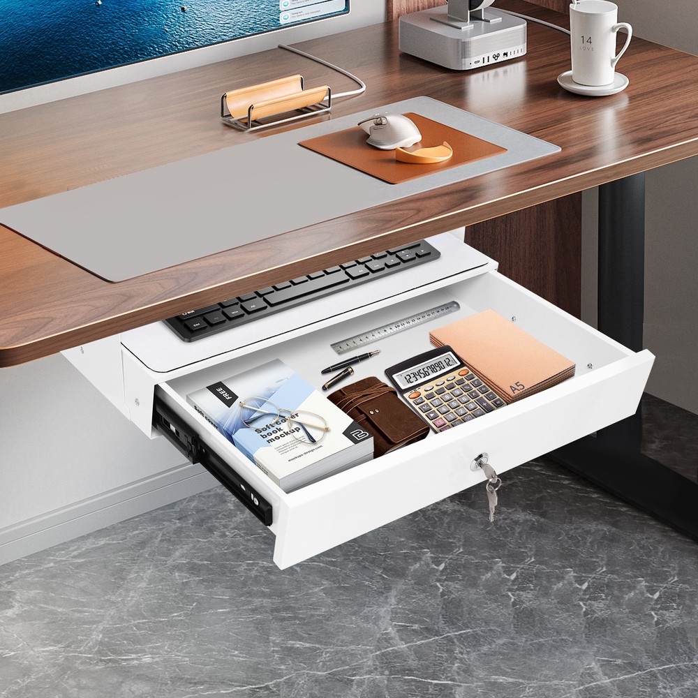 Under Desk Mounted Sliding Pull-out Storage Drawer With Computer Pad White USA