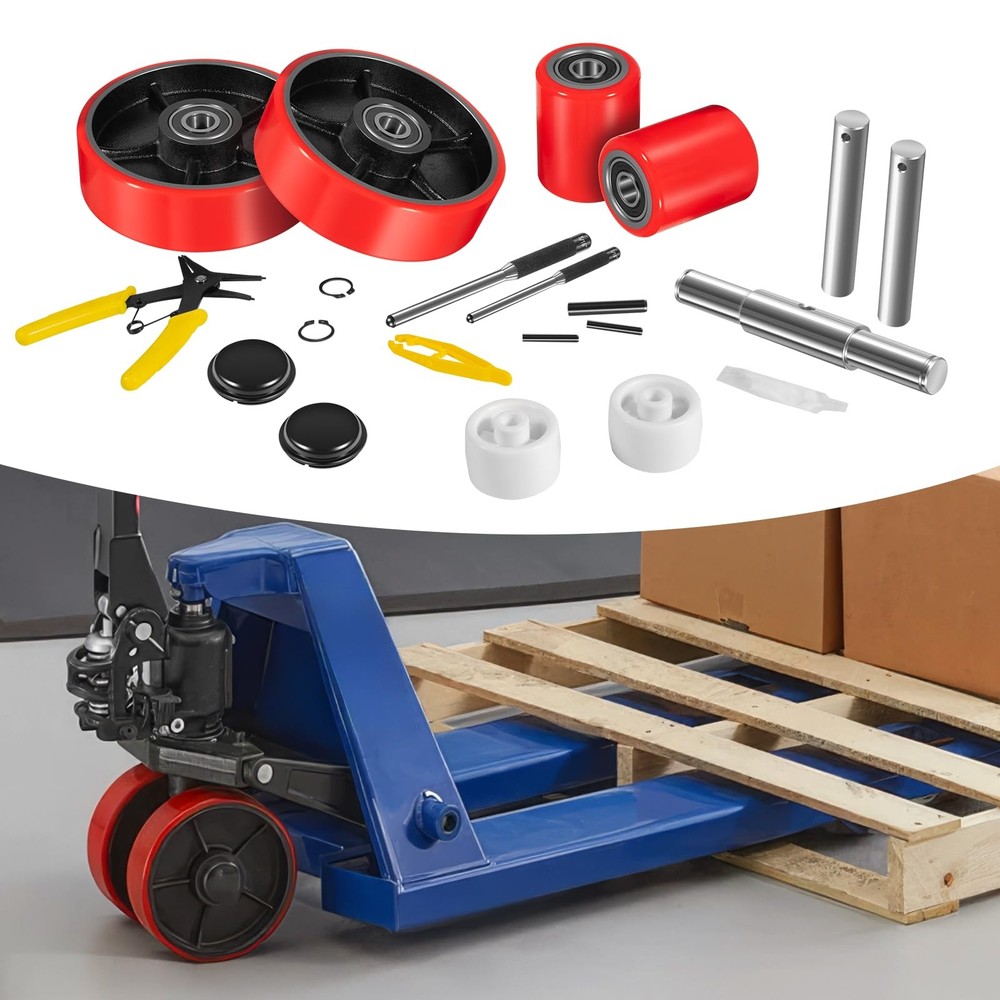 Pallet Jack Wheel Kit Red Polyurethane 7"x2" Steering 3"x3.75" Load Rollers