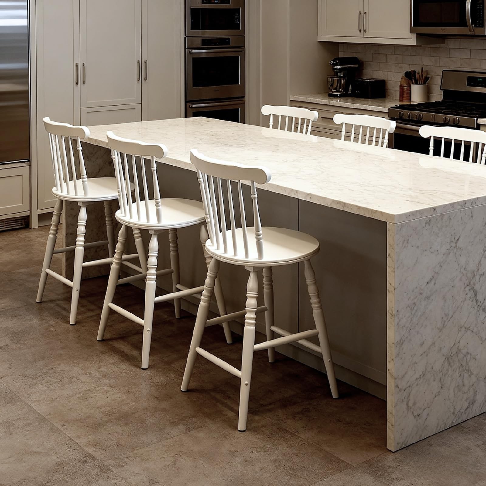 24" White Windsor Counter Height Bar Stools Set of 3, Farmhouse Wooden Counter