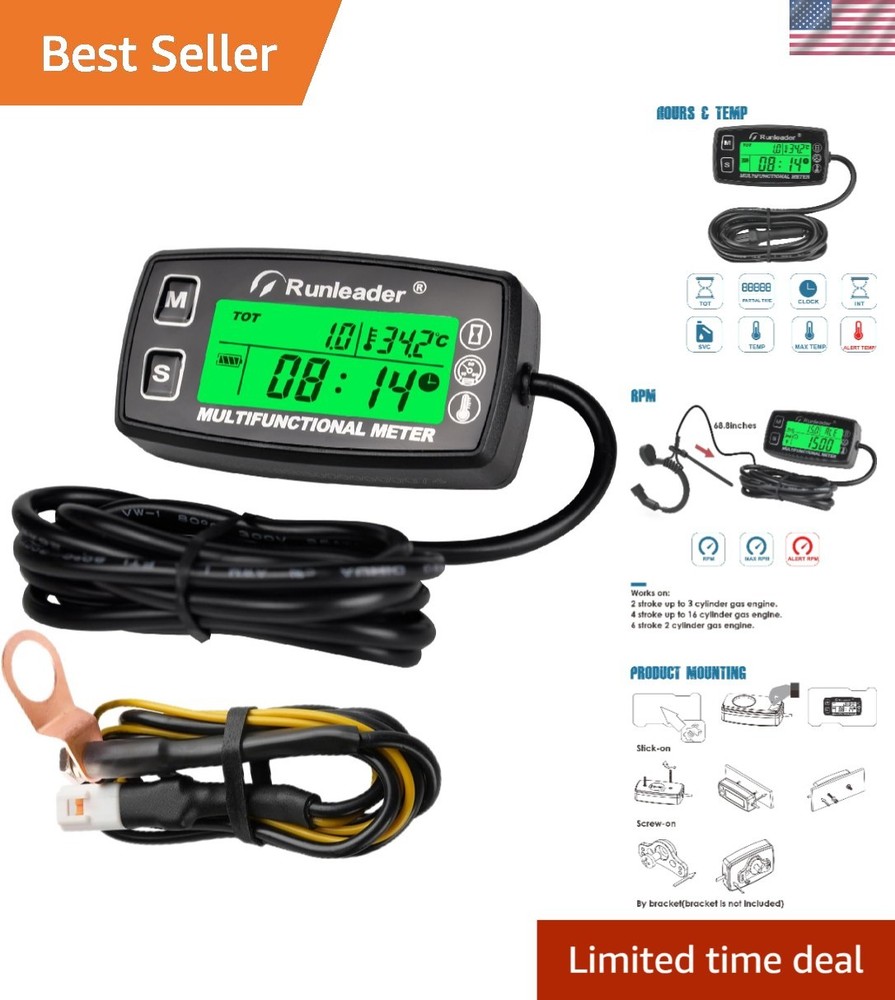 Digital Engine Tachometer, Temp Alert & Hour Meter for Garden & Utility Use