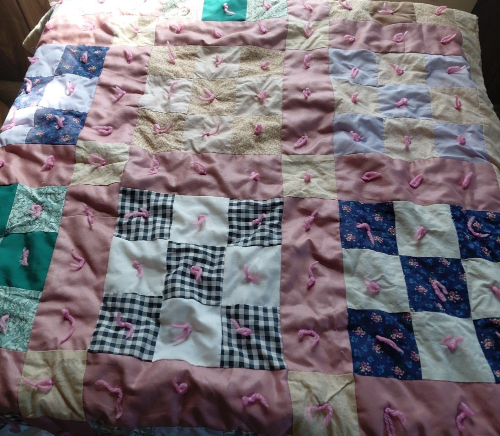 Handmade Child Tie Quilt 40"x53" Patchwork Square Blanket multicolor