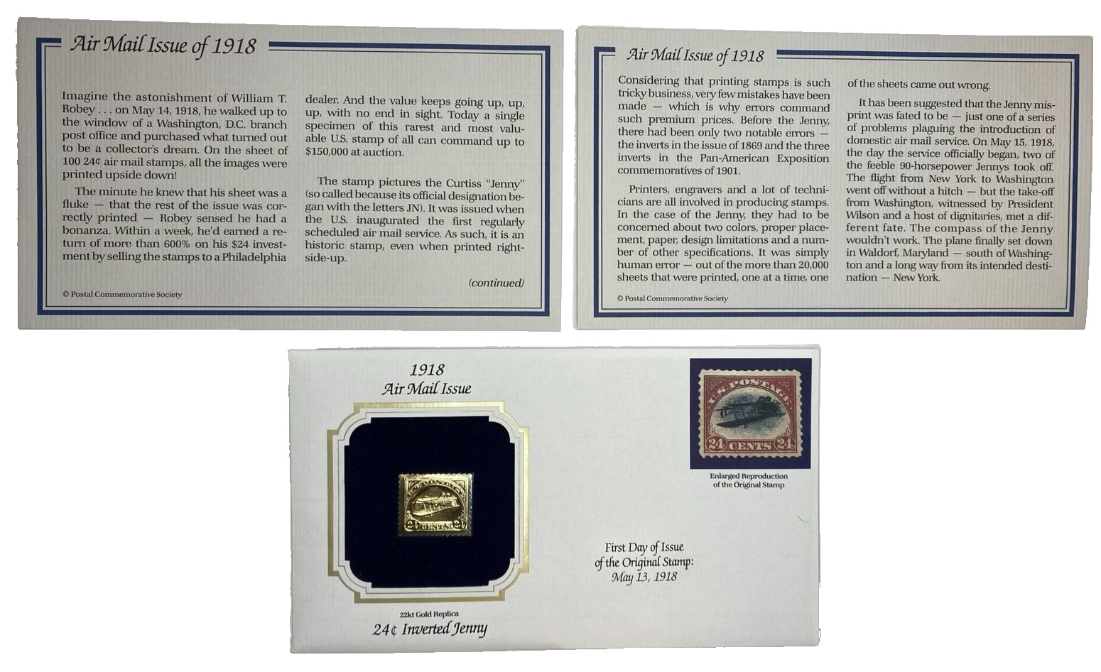 1918 Inverted Jenny 22kt gold 24 cent Stamp Replica Postal Commemorative Society