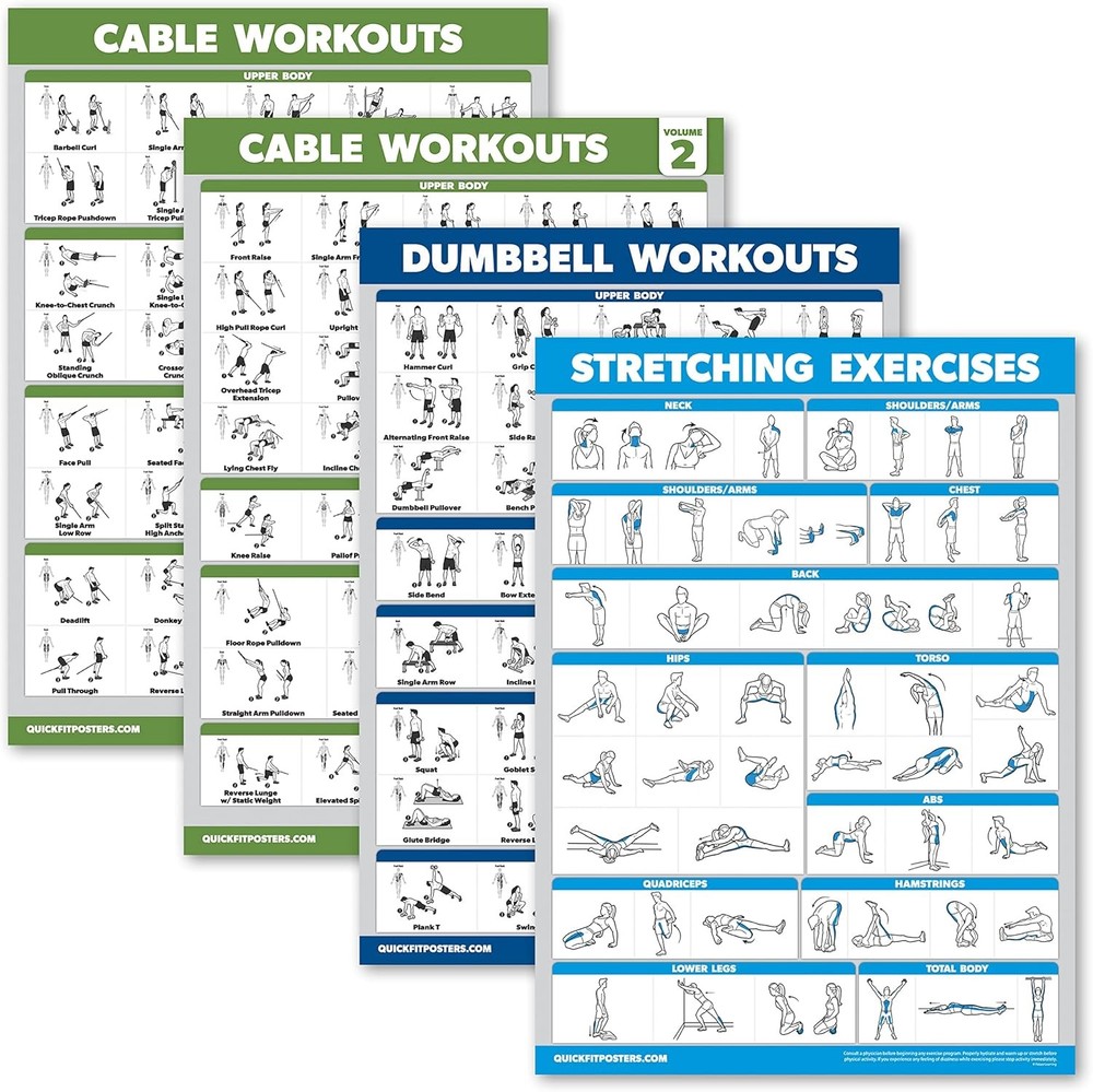 4 Pack - Cable Machine Workout Posters Volume 1 & 2 + Dumbbell Exercises + Stret
