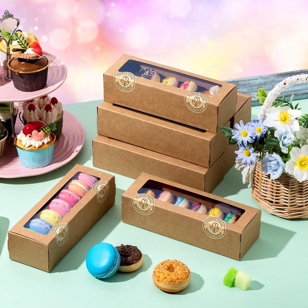 Sherr 150 Pcs Macaron Boxes with Window, Brown Bakery Boxes with Stickers, Co...