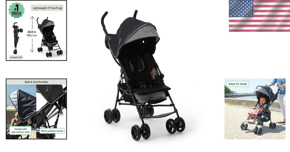 3D Mini Stroller - Lightweight Compact Fold, Gray, Sun Visor