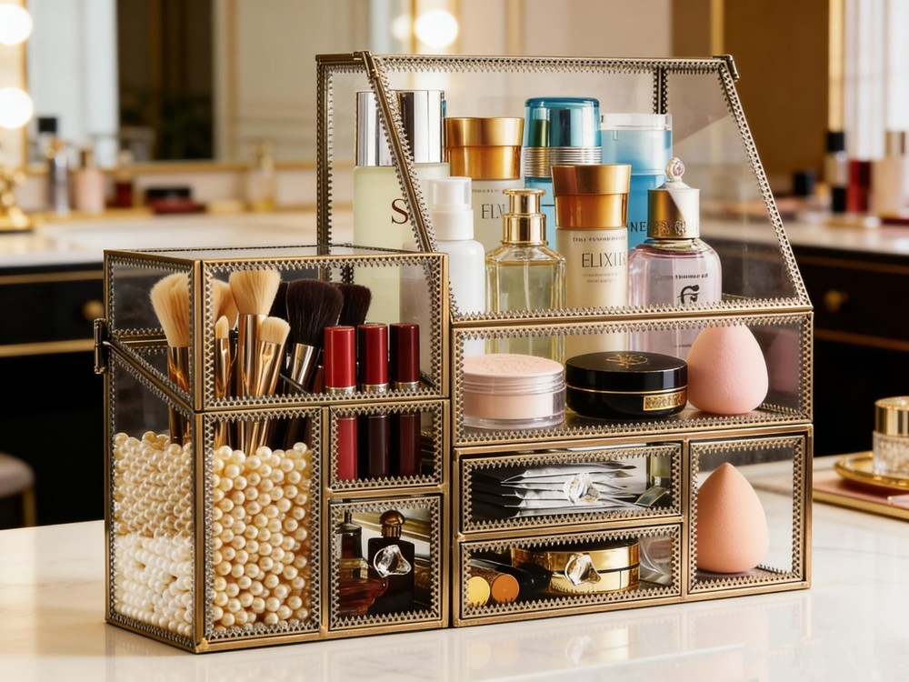 Hersoo Glass Antique Brass Stackable Drawer Set Makeup Organizer for Vanity A...