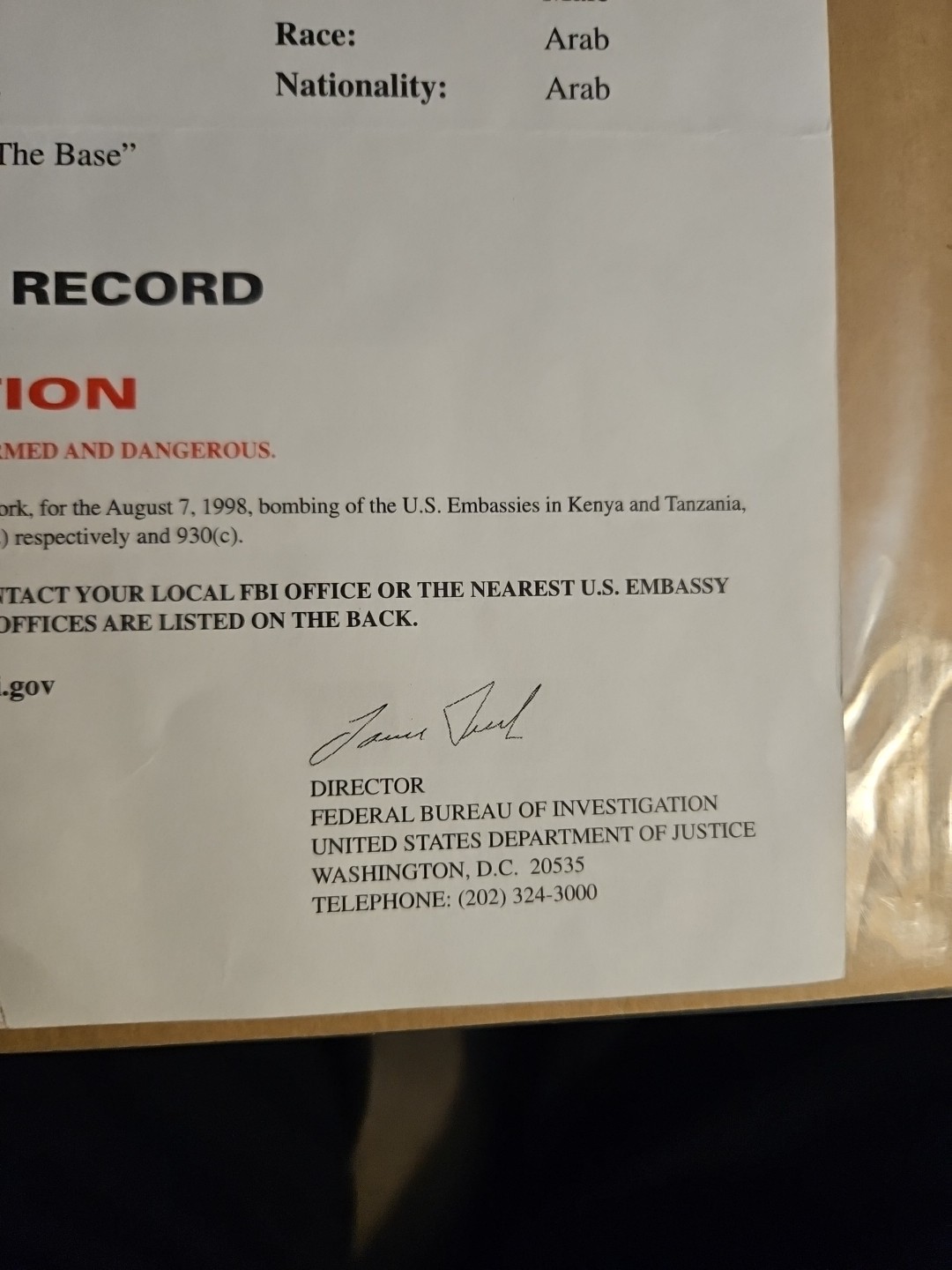 Original USAMA BIN LADEN FBI wanted Poster 3-29-99