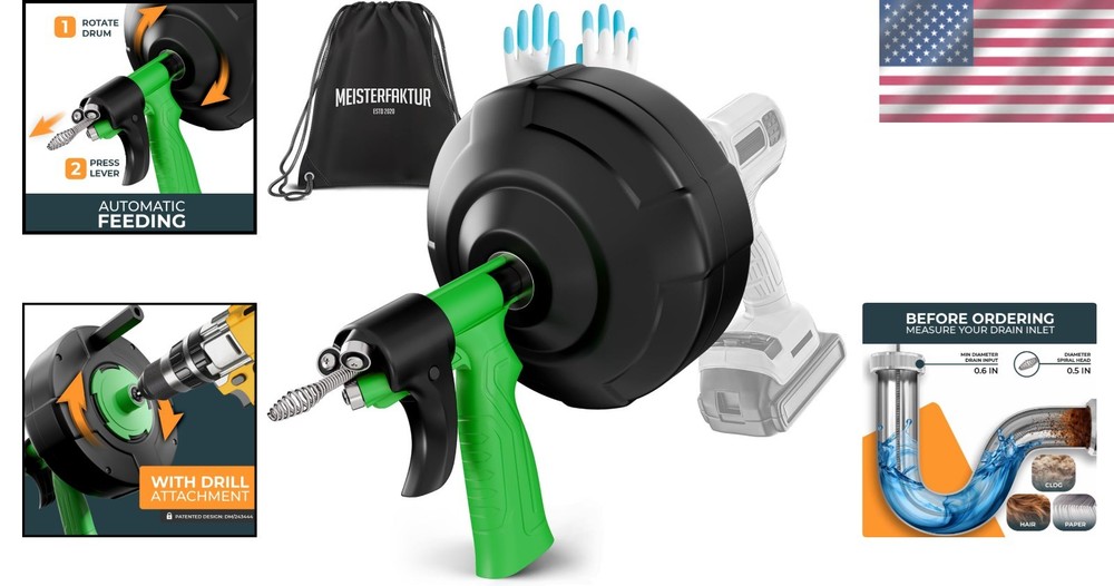 25FT Auto Feed Drain Snake - Sink & Drain Unblocking Tool