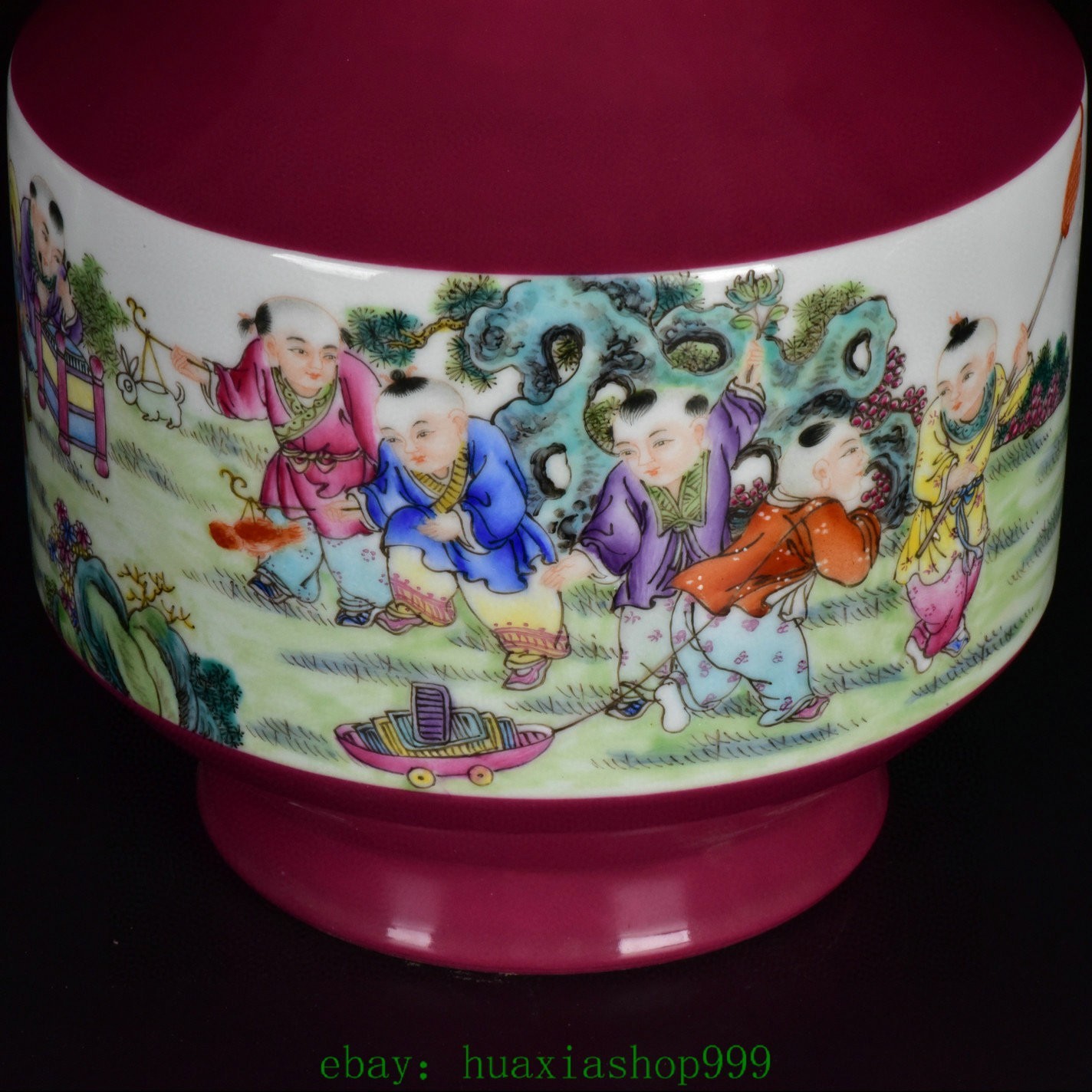 15.7"Purple Glaze Famille Rose Porcelain Gilt Tongzi Kid Boy 2 Ear Bottle Vase