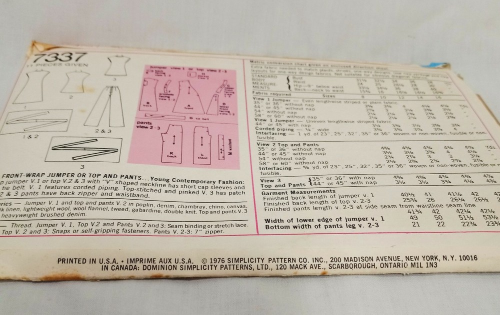 Misses Front Wrap Jumper Top Pants Sewing Pattern 7337 Simplicity 1976 Size 12