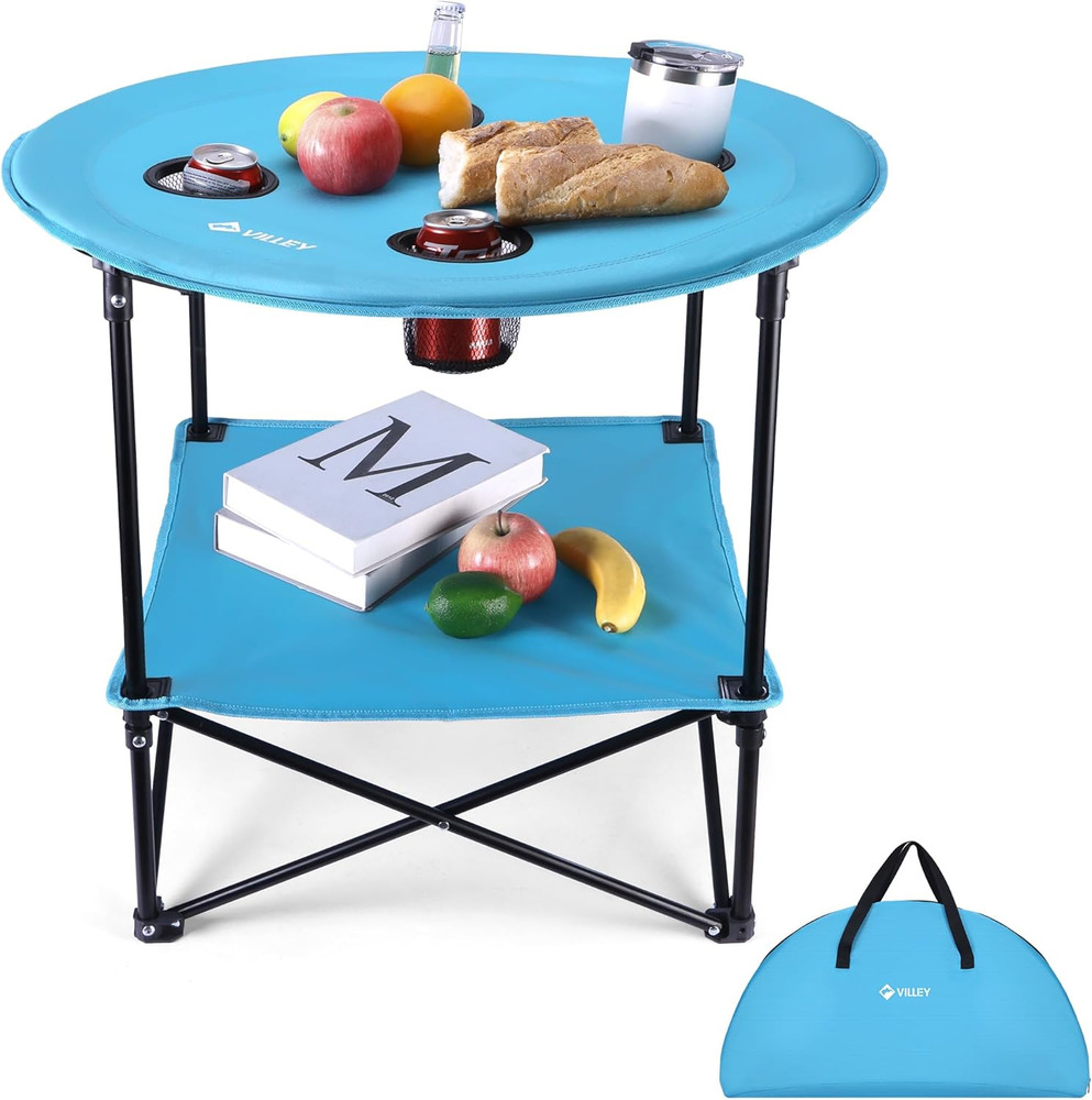 Folding Camping Table, Lightweight Double-Layer round Table with 4 Cup Holders a
