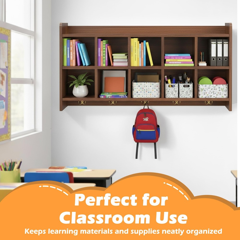 Wall Cubbies, 10 Cubby Storage Organizer with Coat Hooks, Cubbies for Classro...