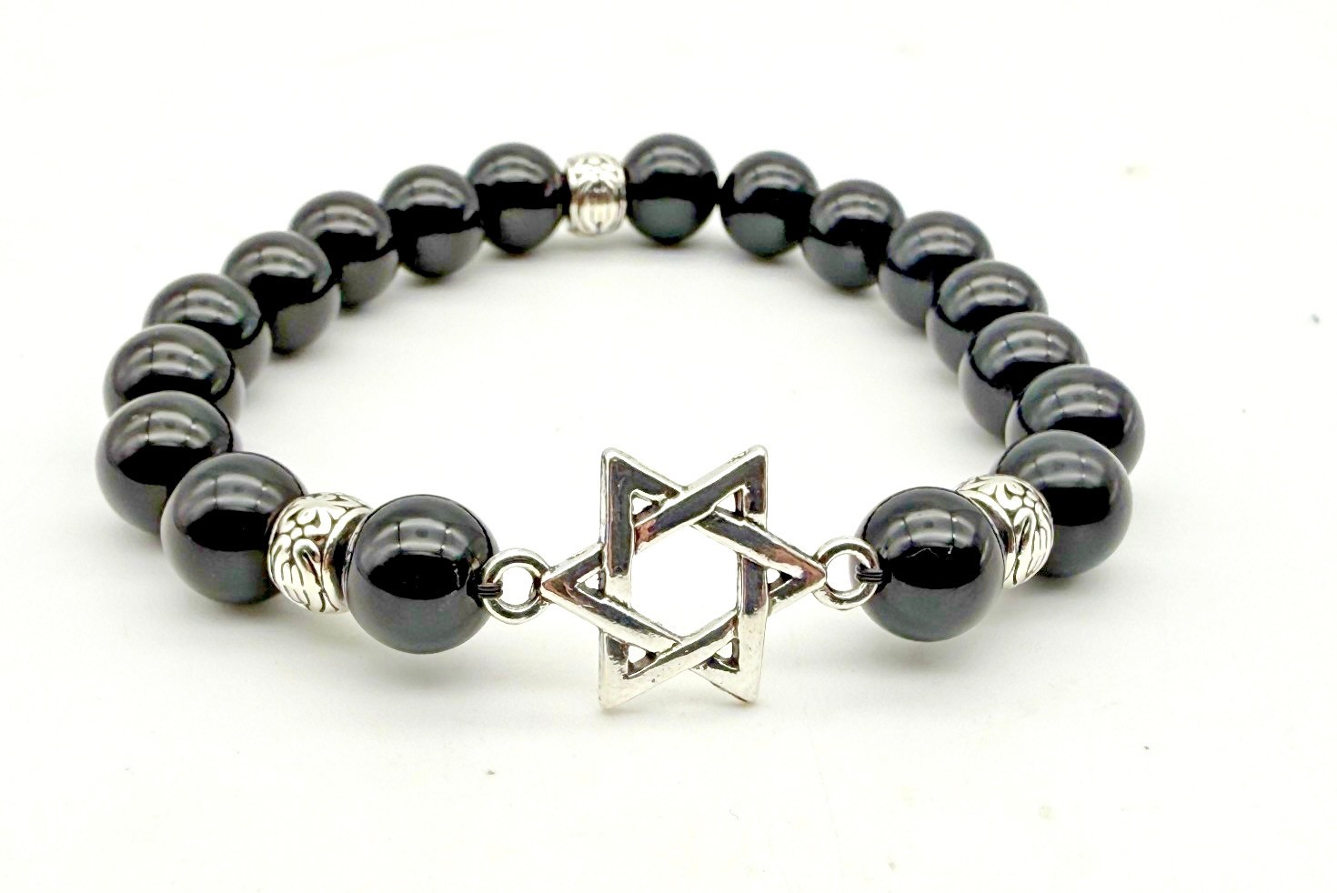 Handmade 10mm Onyx & Sterling Silver Star of David Jewish Star Bracelet
