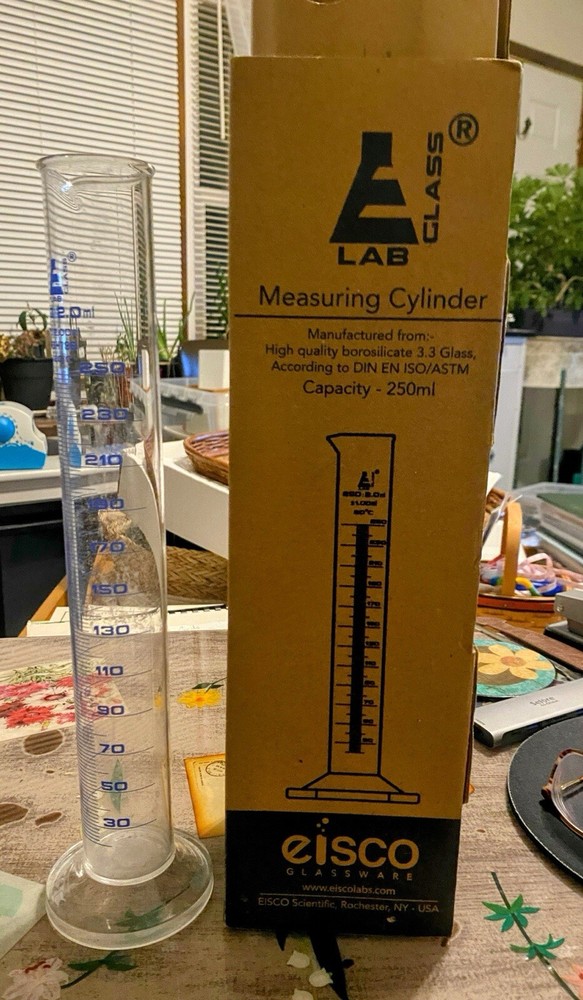 Eisco Labs 250 ml Graduated Cylinder Class B Blue Graduations Round Base