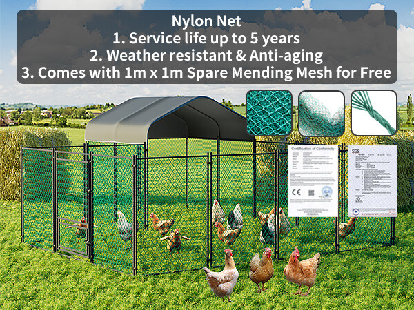 Walk-in Poultry Cage Galvanized Outdoor Metal Run Chicken Coop, Black, Large