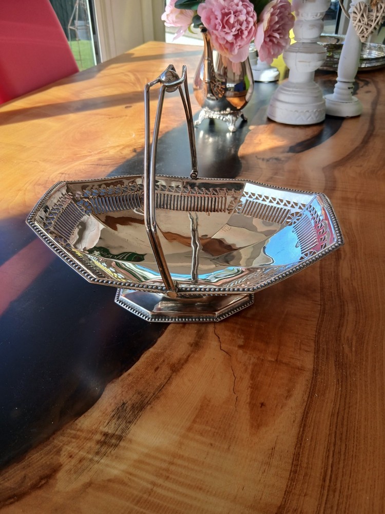 VINTAGE FRETWORK SWING HANDLE  SILVER PLATED BASKET