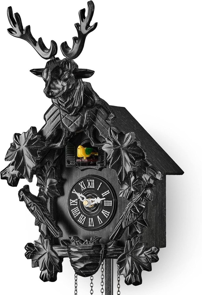 Cuckoo Clock with Automatic Night Mode, Quartz Movement and Carved Deer Head ...