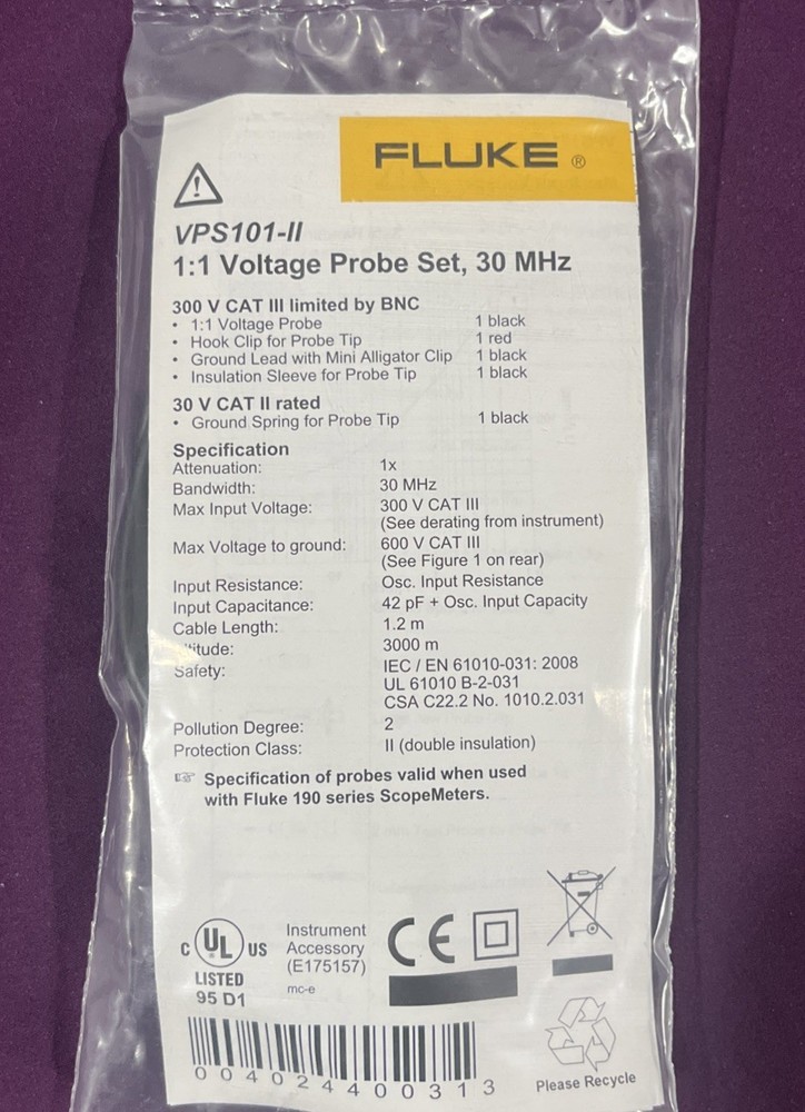 FLUKE Model VPS101 Test Probe Lead Assembly (NEW).