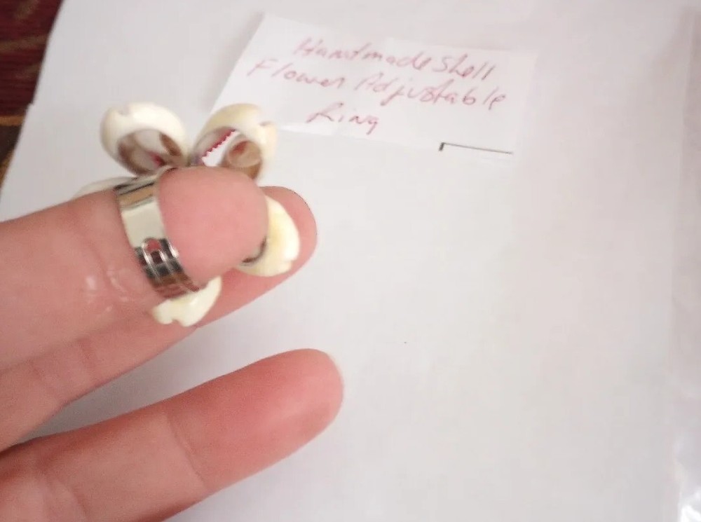 Hand Made Shell Flower White ,Pink, Brown Silver Tone Adjustable Ring