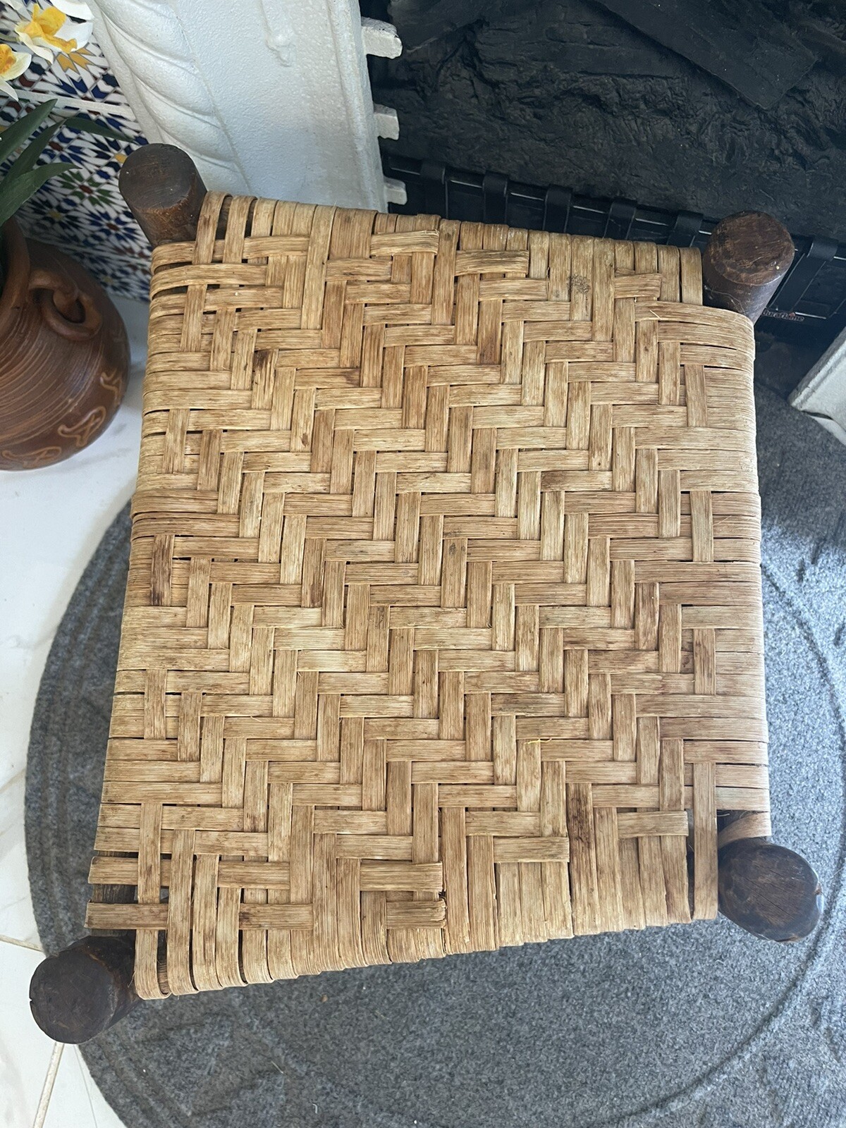 Vintage Oak Footstool Stool Ottoman With Trapezoid Woven Rush Top Handmade