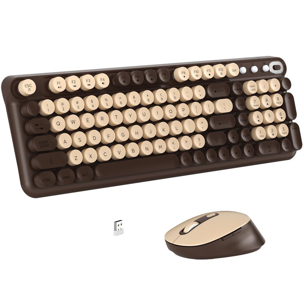 Wireless Keyboard Mouse Combo FullSize Retro Typewriter Coffee Brown Set