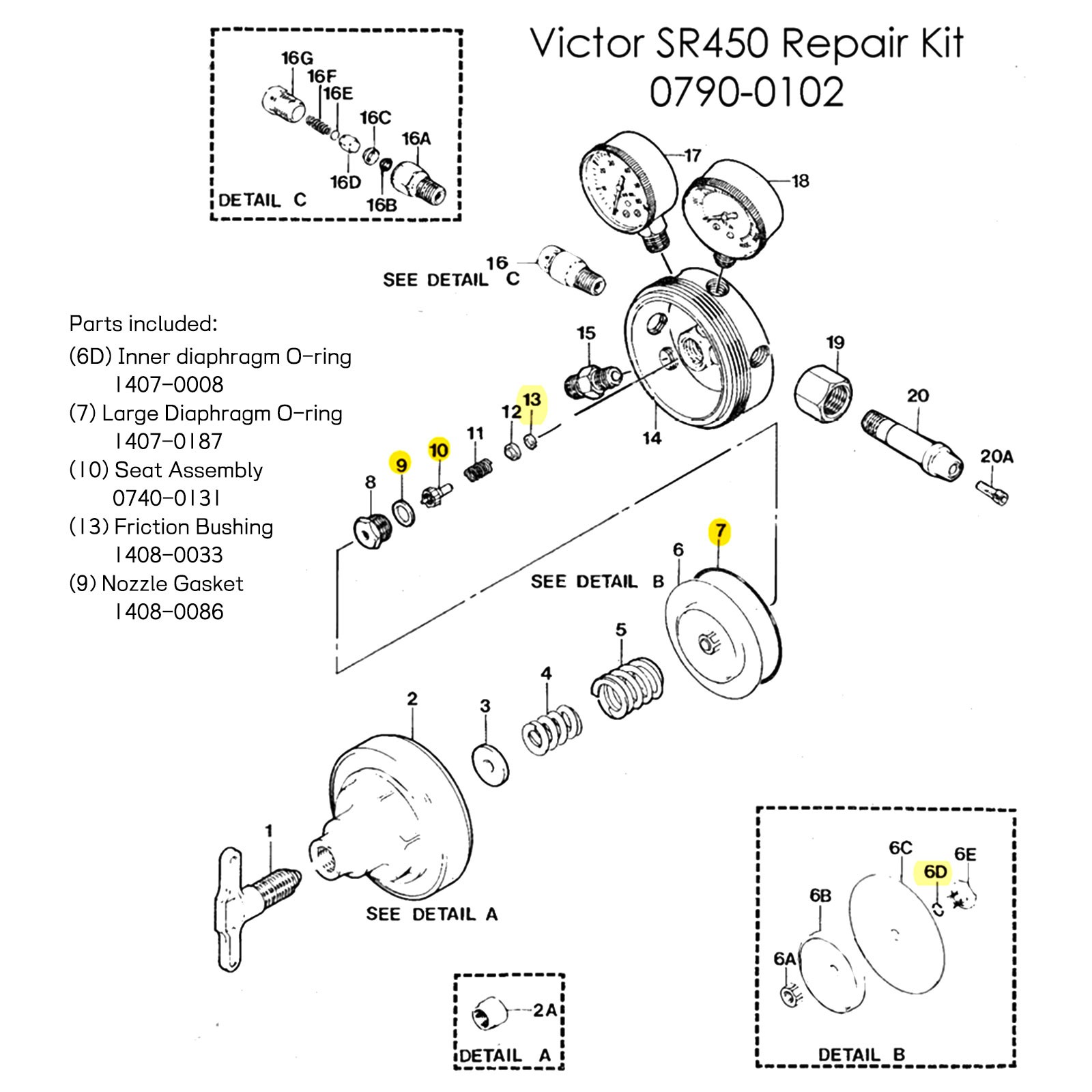 For Victor SR450 Repair Kit Oxygen Regulator Rebuild Parts 0790-0102 SR450D