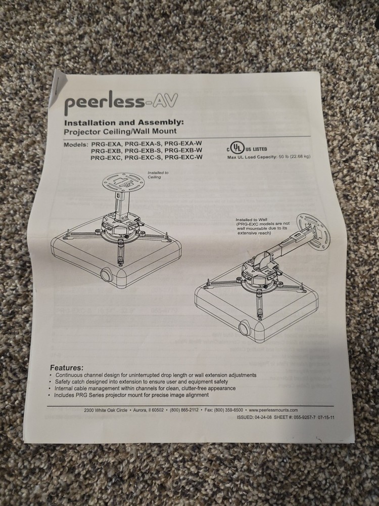 Peerless-AV PRG Precision Gear Projector Mount with 12" Extension Pole - MINT