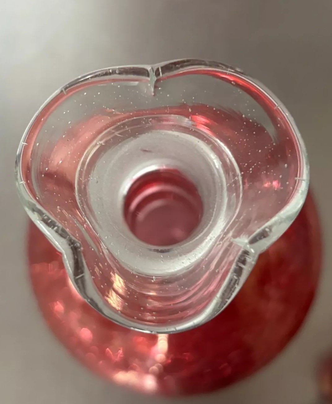 VTG Rainbow Ruffled Glass Crackle Decanter & Stopper Red Clear Rigaree Free Ship