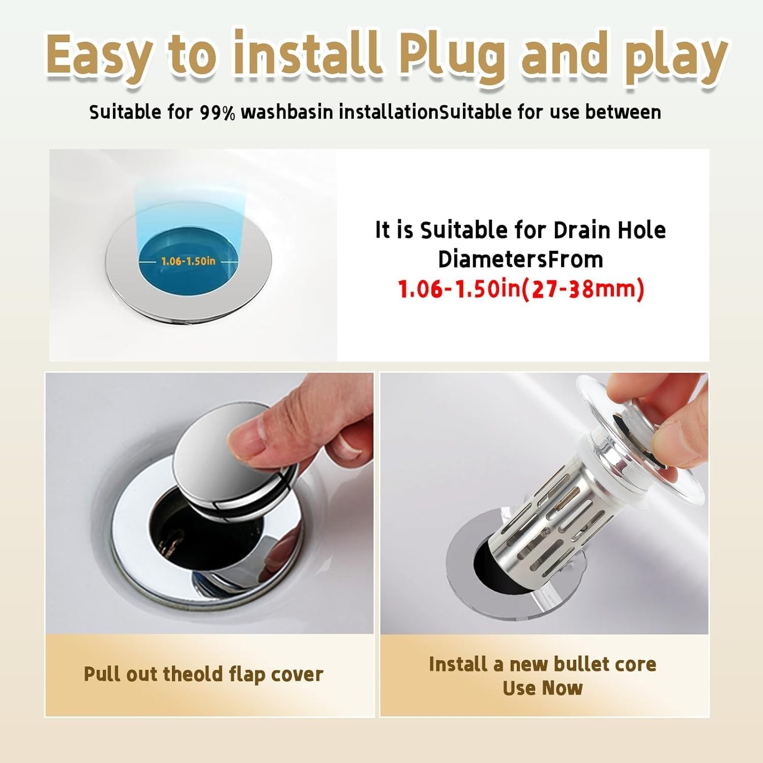 3-in-1 Bathroom Sink Plug - Rebound Pop-Up Drain Filter & Washbasin Core