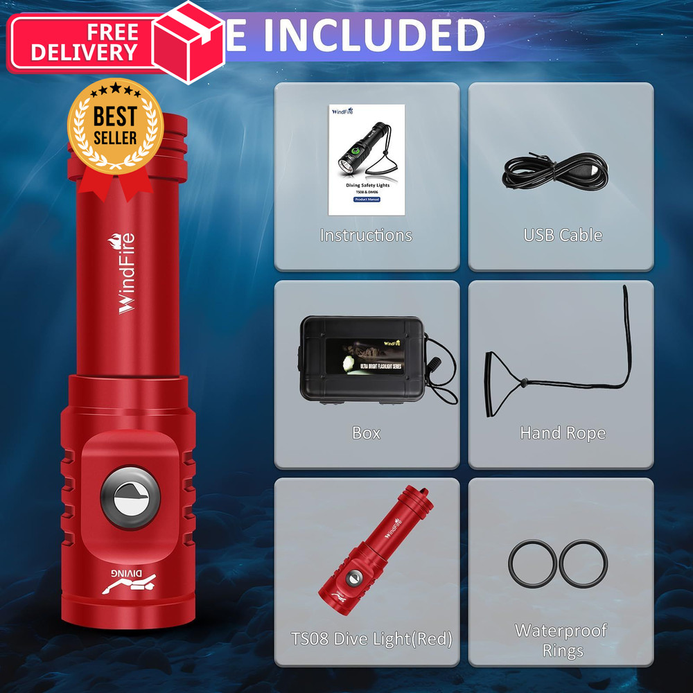 WINDFIRE TS08 Dive Light Super Bright, Scuba Flashlight Red-TS08